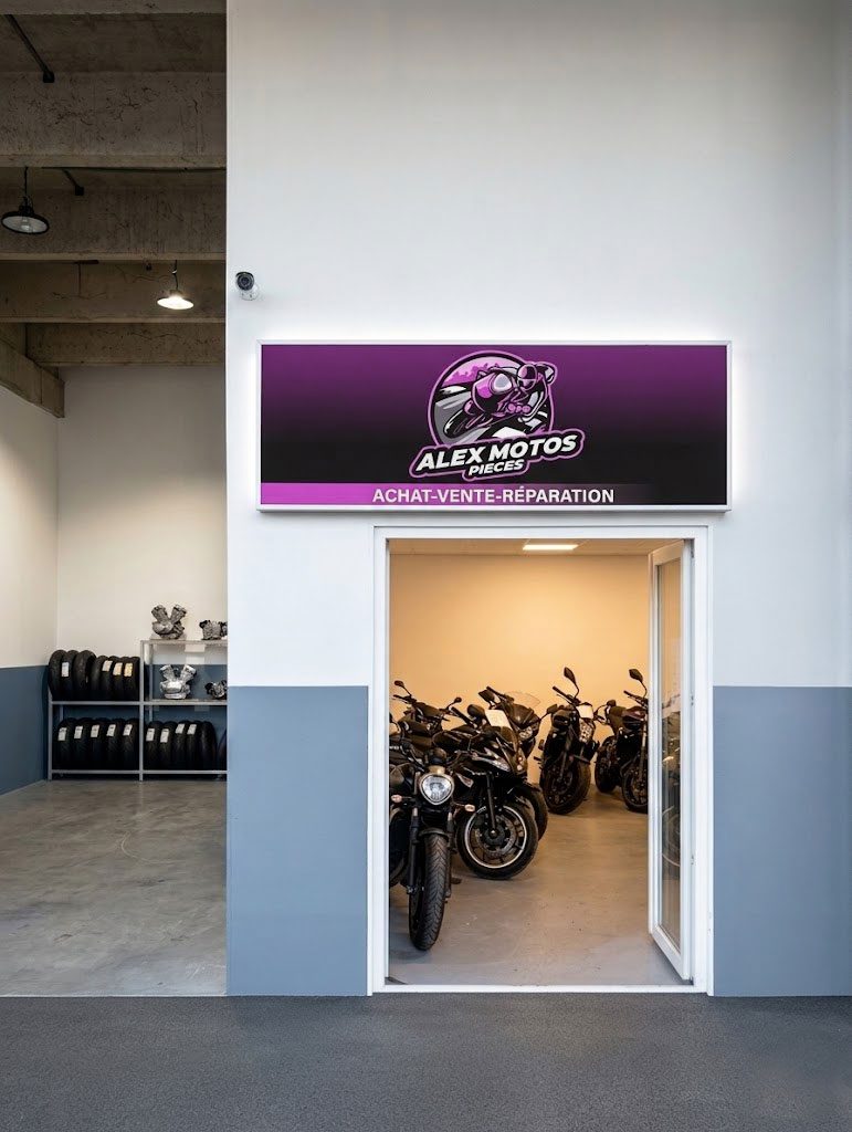 Accueil 22 Entrée du garage 2-roues AMP avec motos et pièces